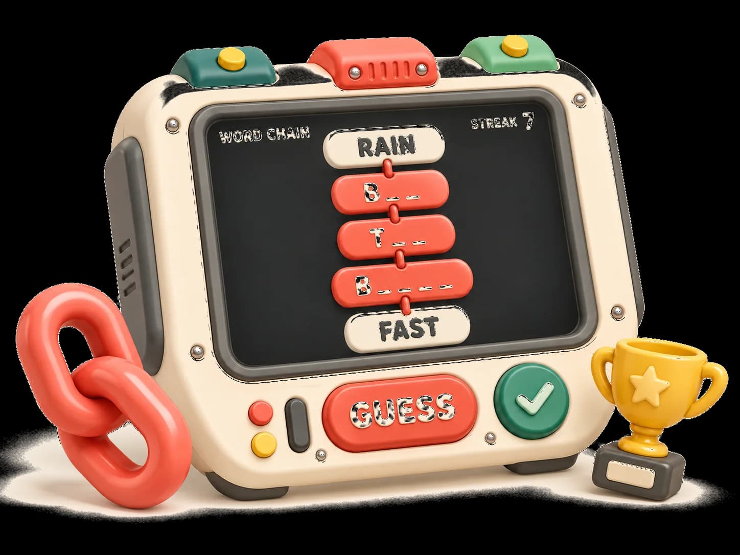 A cream game console showing the word chain RAIN, BOW, TIE, BREAK, FAST
